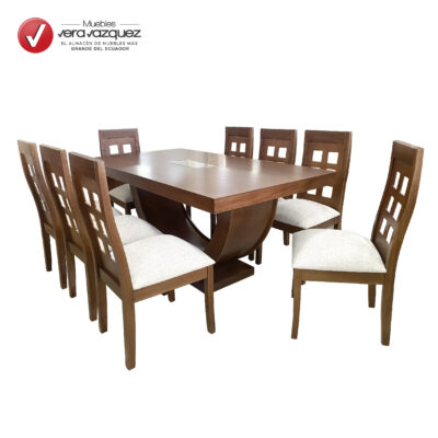 COMEDOR ALGERIA 8 SILLAS CON VIDRIO DECORATIVO Y ESPALDAR CON 6 VENTANAS