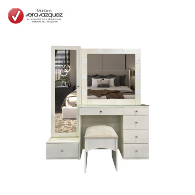 COQUETA VESTIDOR CAPRINI CON 6 CAJONES, 1 PUERTA, MESA DE VIDRIO, 8 FOCOS Y BANCO