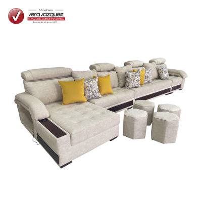 SALA KALILA EN L CON 4 CABECERAS RECLINABLES, PUERTO USB, 4 PUFFS Y 7 COJINES