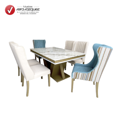 COMEDOR MARRUECOS 6 SILLAS CON TABLERO MARMOLEADO