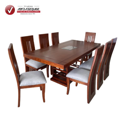 COMEDOR ESMERALDA 8 SILLAS CON BASE BOTELLERO Y VIDRIO DECORATIVO