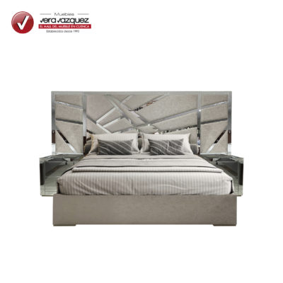 CAMA TAPIZADA ROSSÉ 2 1/2 PLZ CON 2 VELADORES Y ESPEJOS