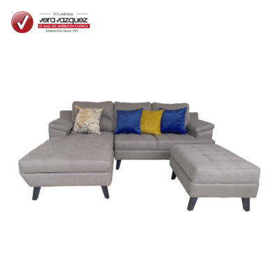 SALA VARSOVIA EN L CON 5 COJINES PEQUEÑOS Y 1 PUFF RECTANGULAR