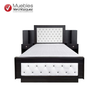 CAMA TAPIZADA MEGAN CAPITONEADA 2 PLZ CON 2 VELADORES CON ILUMINACIÓN