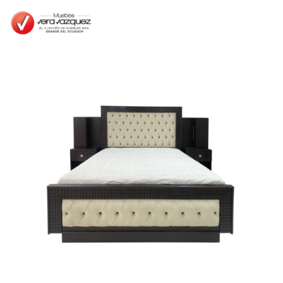 CAMA TAPIZADA MEGAN CAPITONEADA 2 1/2 PLZ CON 2 VELADORES CON ILUMINACIÓN