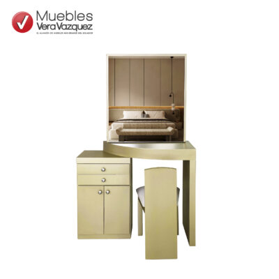 COQUETA MEDIA LUNA CON 2 CAJONES, 2 PUERTAS, ESPEJO DESLIZABLE Y SILLA