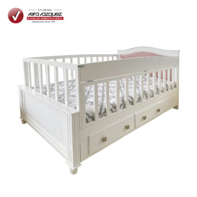 CAMA CUNA TAPIZADA 1 1/2 PLZ CON 2 CAJONES