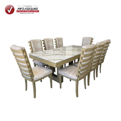 COMEDOR MORELIA MARMOLEADO CON FILO CON APLIQUE 8 SILLAS