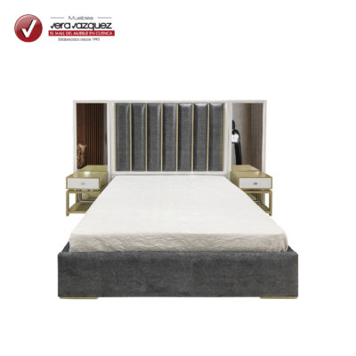CAMA TAPIZADA FILIPINAS 2 1/2 PLZ CON 2 ESPEJOS Y 2 VELADORES