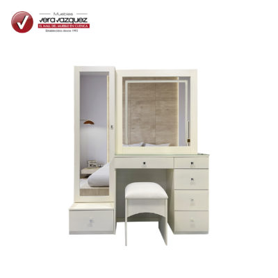 COQUETA VESTIDOR CAPRINI CON 6 CAJONES, 1 PUERTA, MESA DE VIDRIO, LUZ LED Y BANCO