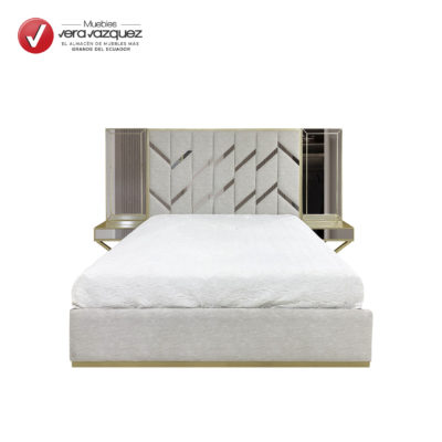 CAMA TAPIZADA NIZA 3 PLZ CON 2 VELADORES CON ESPEJOS