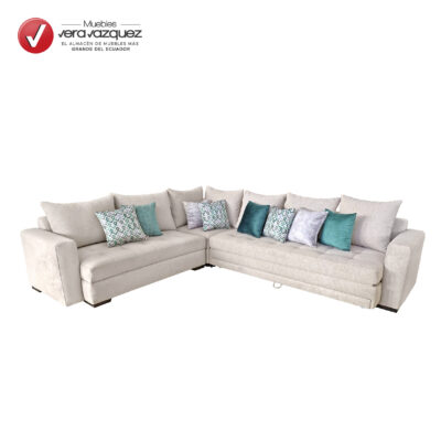 SALA VICTORIA EN L CON SOFÁ CAMA, 7 COJINES GRANDES Y 7 COJINES PEQUEÑOS