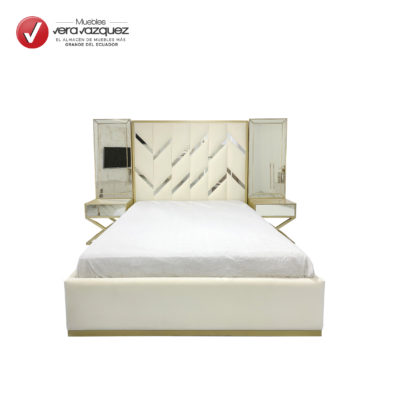 CAMA TAPIZADA NIZA 2 1/2 PLZ CON 2 VELADORES CON ESPEJOS