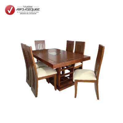 COMEDOR ESMERALDA 6 SILLAS CON BASE BOTELLERO Y VIDRIO DECORATIVO