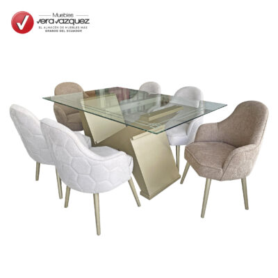 COMEDOR NÁPOLES CON BASE EN V TABLERO DE VIDRIO 6 SILLAS TAPIZADAS