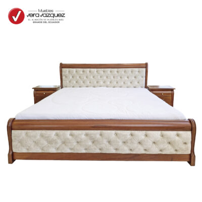 CAMA JERSEY TAPIZADA 3 PLAZAS CON 4 CAJONES AL PISO CON DOS VELADORES