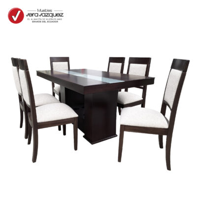 COMEDOR MATISSE CON VIDRIO 6 SILLAS TAPIZADAS
