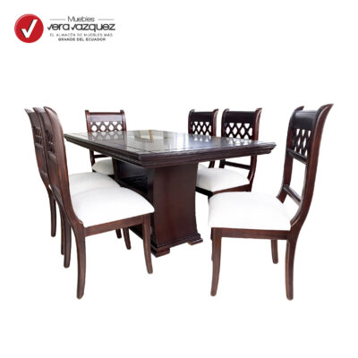 COMEDOR XIARA CON VIDRIO EN EL CENTRO 6 SILLAS TAPIZADAS