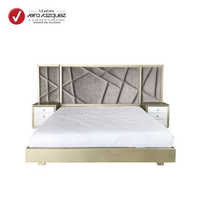 CAMA REAL 3 PLAZAS TAPIZADA CON DOS VELADORES