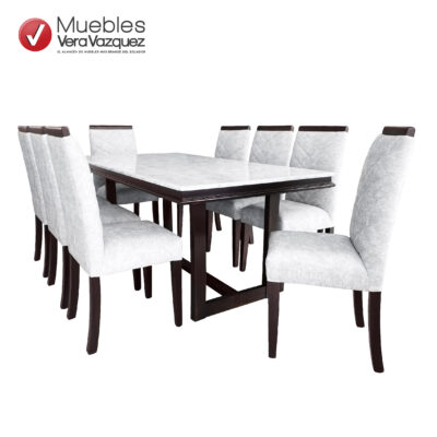 COMEDOR LIBIA TABLERO MARMOLEADO 8 SILLAS TAPIZADAS