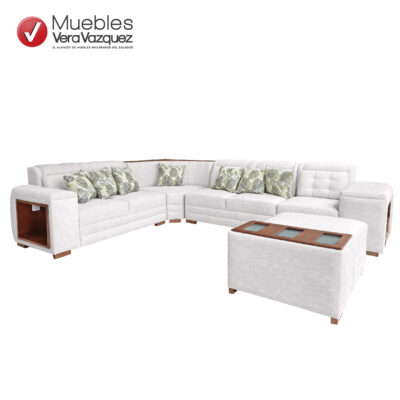SALA EVA EN L 7 COJINES, CON BRAZO BAR, PUFF CON ILUMINACIÓN