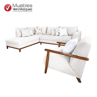 SALA JANNA EN L 7 COJINES CON BASE DE MADERA Y POLTRONA
