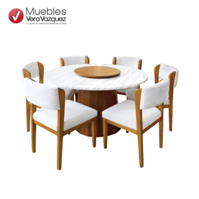 COMEDOR CATANIA REDONDO CON SOBRE MESA MARMOLEADO 6 SILLAS TAPIZADAS