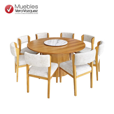 COMEDOR CATANIA REDONDO CON SOBRE MESA MARMOLEADA 8 SILLAS TAPIZADAS