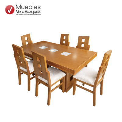 COMEDOR RECTANGULAR 6 SILLAS, MESA CON VIDRIO CENTRAL