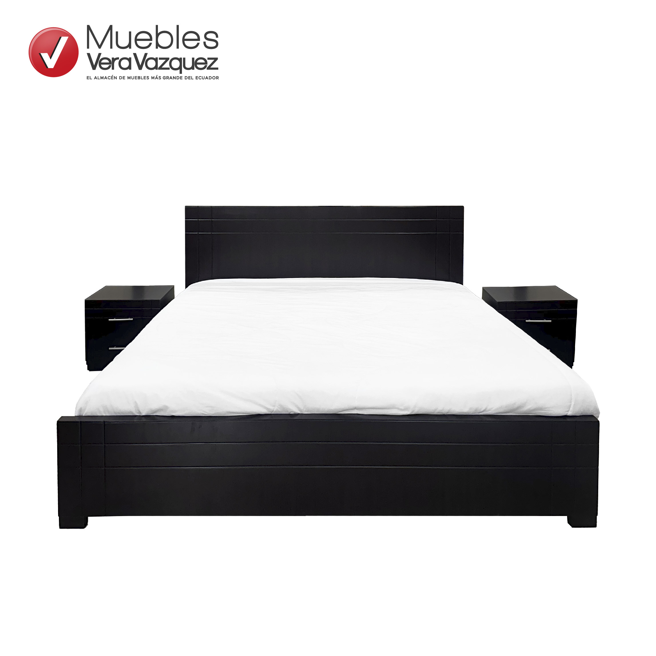 Cama de tres plazas en dos veladores, en elegante color wengué y diseño lineal. Ideal para dormitorios modernos. Cama de tres plazas en dos veladores, color wengue con diseño lineal