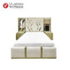 Cama moderna de 2 plazas con veladorres altos con espejos. Cabecera tapizada, diseño con espejos.