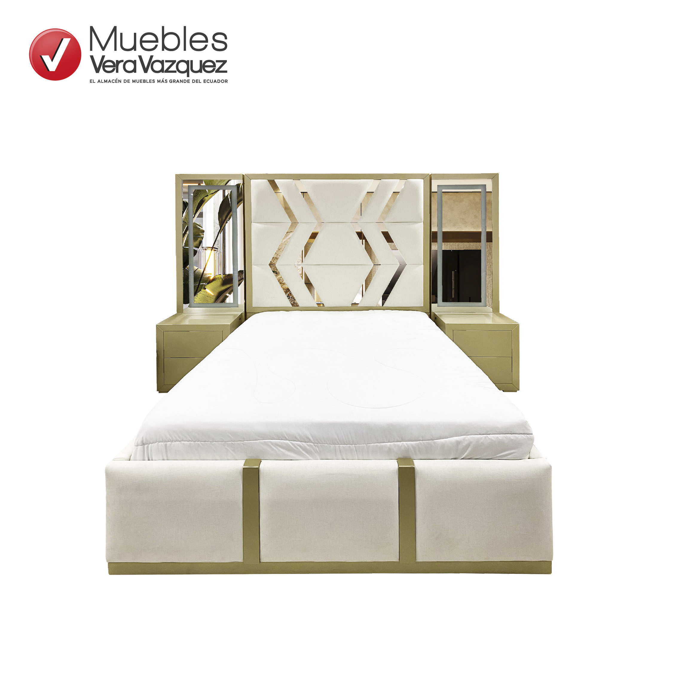 Cama moderna de 2 plazas con veladorres altos con espejos. Cabecera tapizada, diseño con espejos.