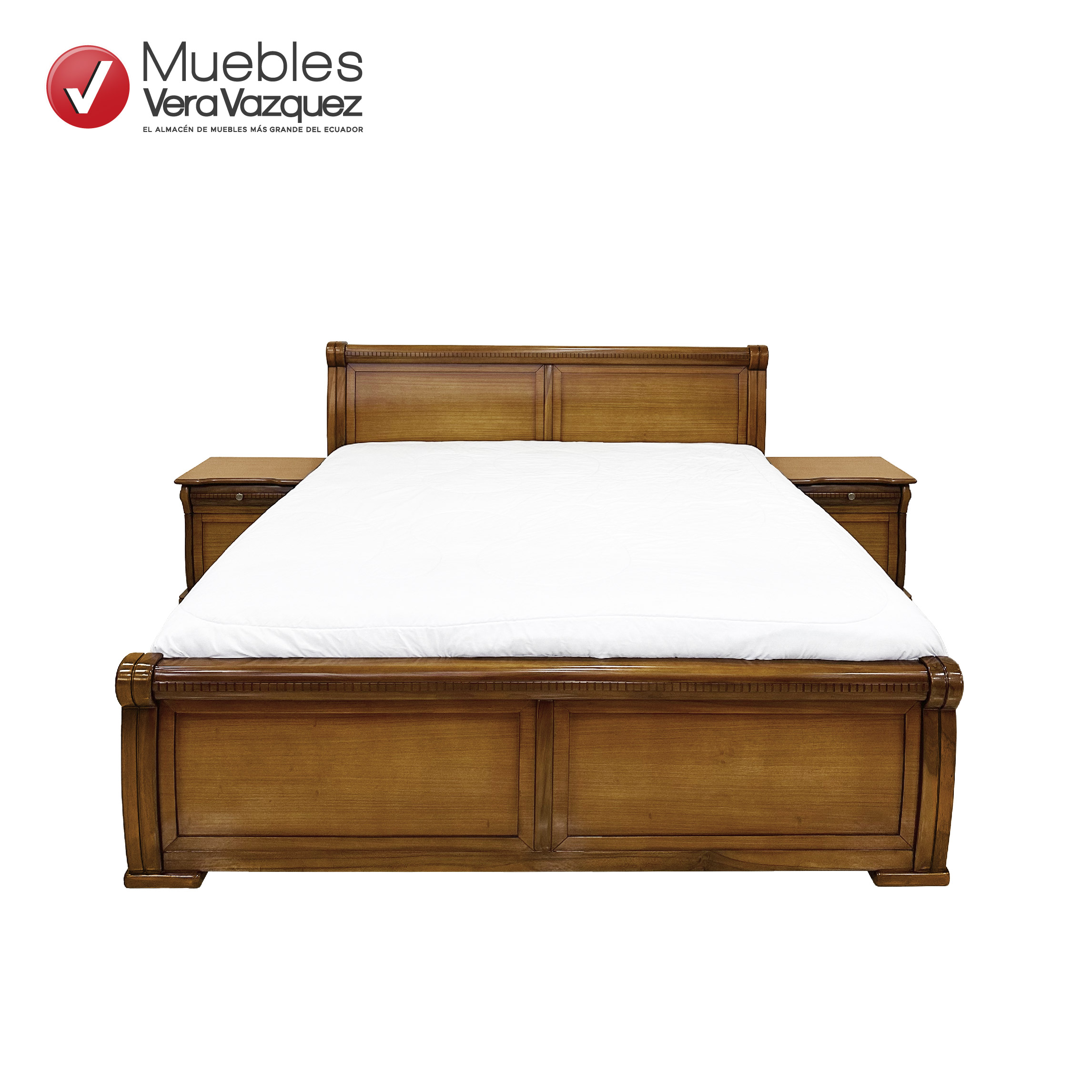 Cama clásica de 3 plazas con dos veladores, fabricada en madera de laurel negro del Oriente