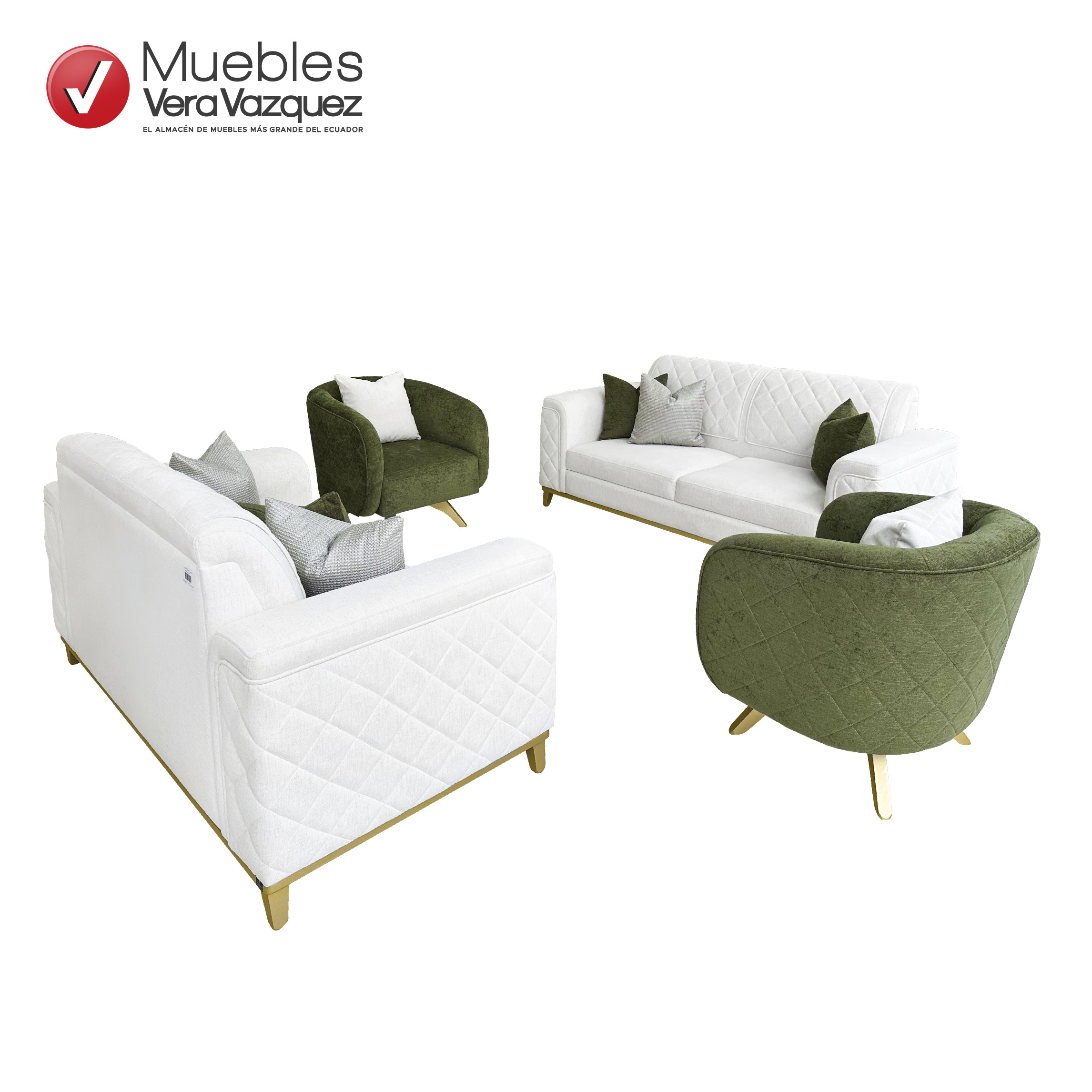 Sala de cuatro piezas: 1 triple, 1 doble en color beige y 2 poltronas en color verde, con patas de madera en color champagne.